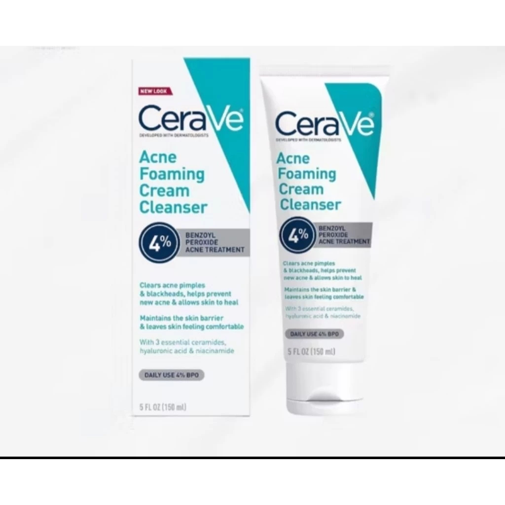 CeraVe Acne Foaming Cream Cleanser 150ml Developed 4% Benzoyl Skin Barrier Cleanser with Ceramide fo