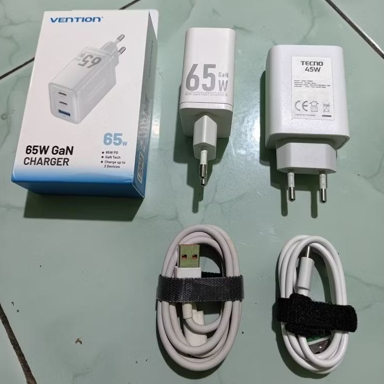 Charger Original Bawaan Copotan Tecno + Vention FER GAN Charger 65W + Kabel original Xiaomi 120w Sec