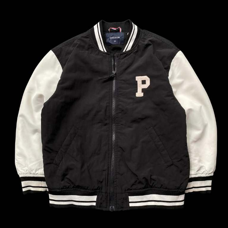 POLHAM KIDS P LOGO BLACK WHITE BOMBER VARSITY JACKET | JAKET ANAK | OUTERWEAR | BOCIL GEMOY