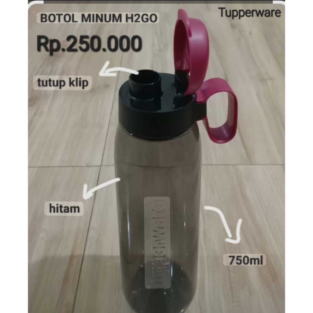 Botol Minum Tupperware H2GO 750ml Hitam dengan Tutup Klip dan Pegangan