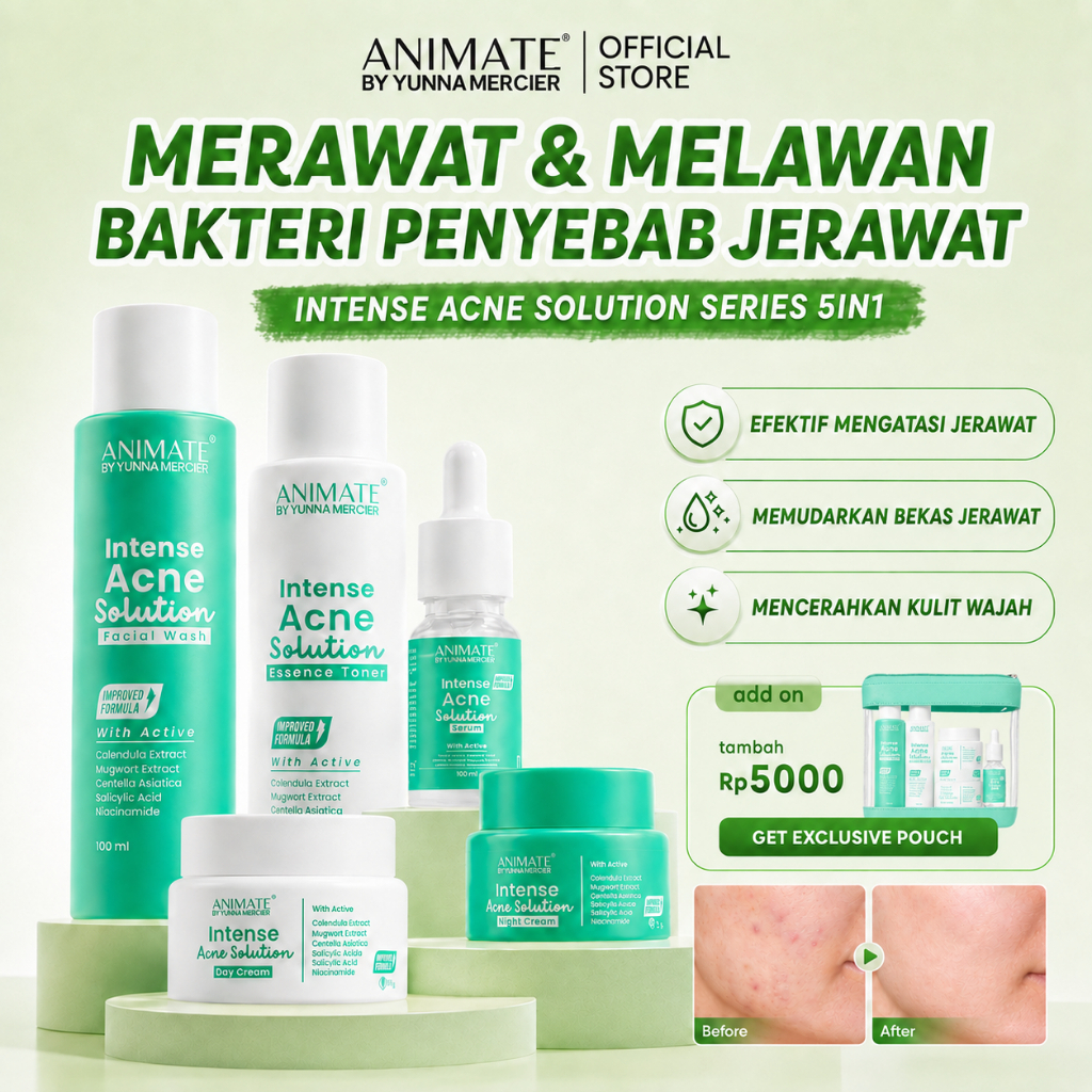 [BEST SELLER] 5 PCS Animate Paket Acne Series 5in1 Tanpa Pouch - Paket Hijau Animate Skincare Wajah 