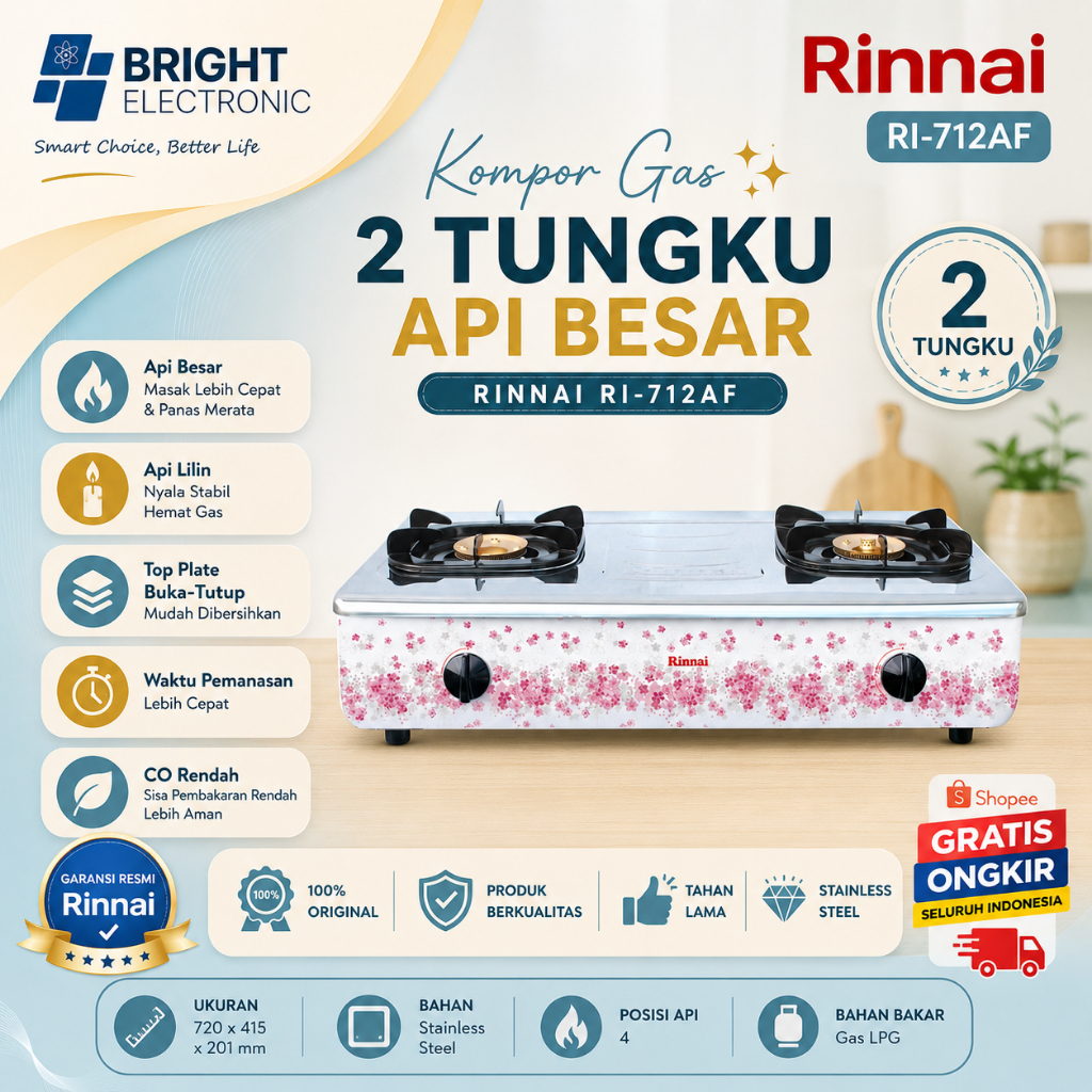 RINNAI KOMPOR GAS 2 TUNGKU RI 712 AF KOMPOR GAS/RI712AF/RI712 AF/RI 712 AF/RI-712AF/RI-712 AF/712 AF