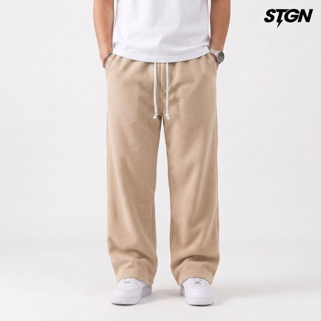 Steigen Celana Sweatpants Loose Baggy Fleece Beige