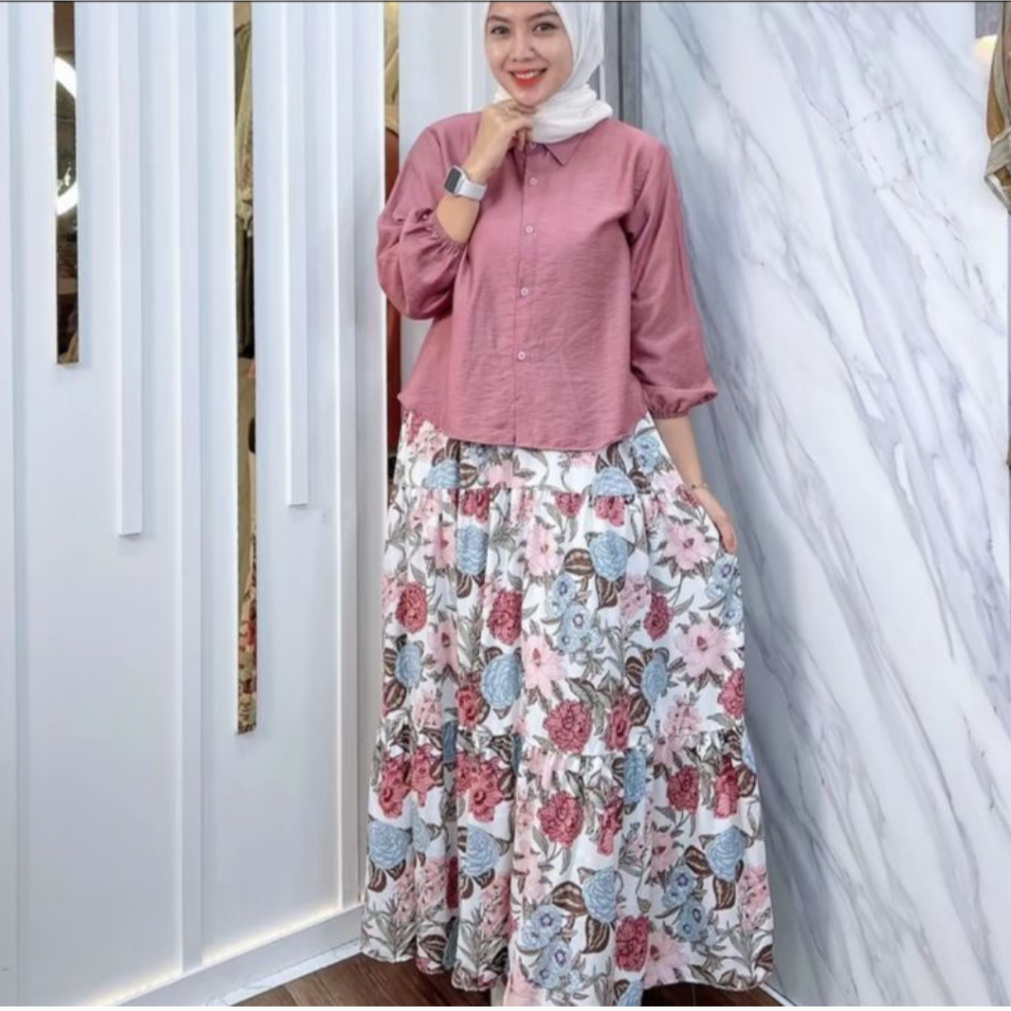 Setelan Muslimah Rose Pink Rayon Crinkle Kekinian // Setelan Muslimah Rayon Mix Crinkle Motif Floral