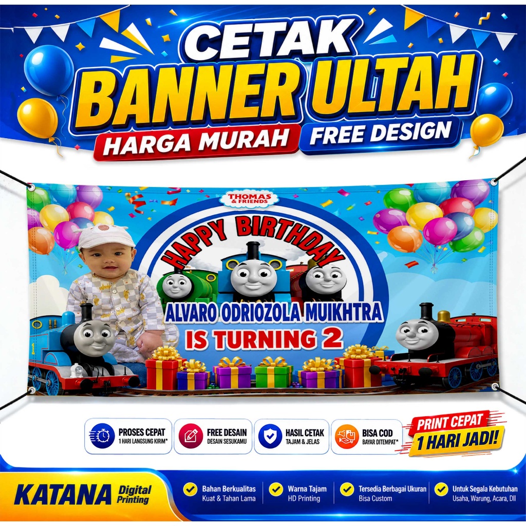 Spanduk Banner Ulang Tahun Anak Kartun Thomas – Backdrop Spanduk Ultah Happy Birthday Thomas Free De