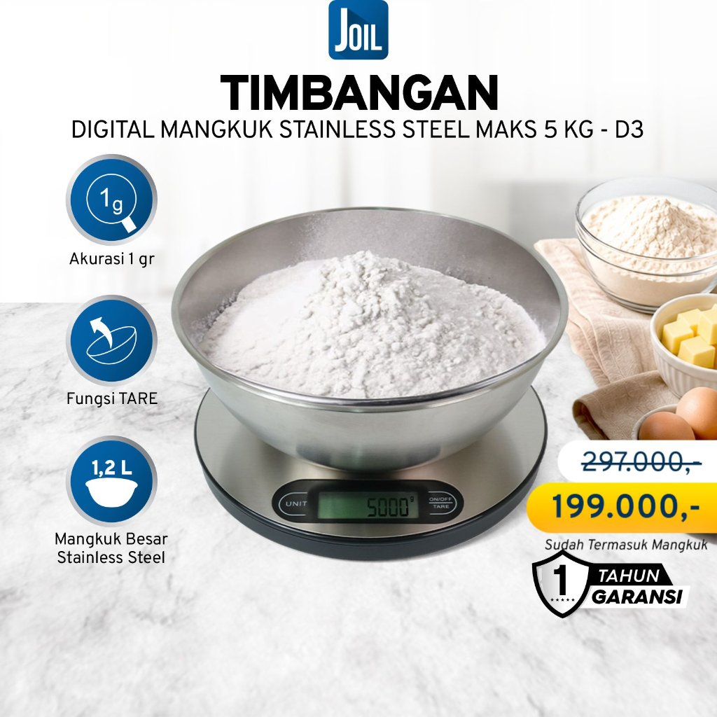 Joil Timbangan Dapur Digital Mangkuk Stainless Steel Kapasitas 5 kg - D3