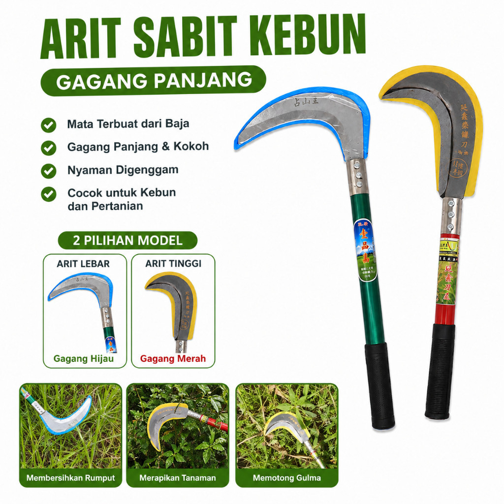 Arit Sabit Kebun Gagang Panjang – Arit Tinggi & Arit Lebar untuk Rumput Tanaman dan Kebun