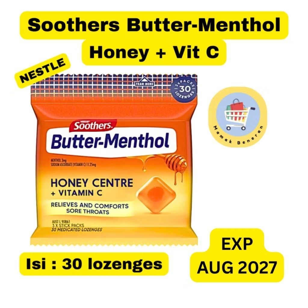 Soothers Butter-Menthol Lozenges 3 x 10 honey centre VIT c sore throat permen radang tenggorokan