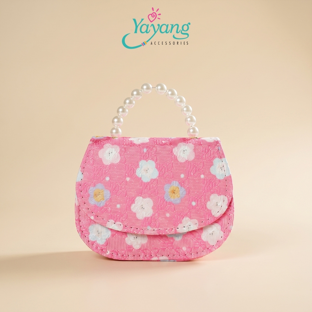 Yayang Tas Selempang Anak Perempuan Motif Bunga Korean Style Mini Sling Bag Handle Mutiara Tas Pesta