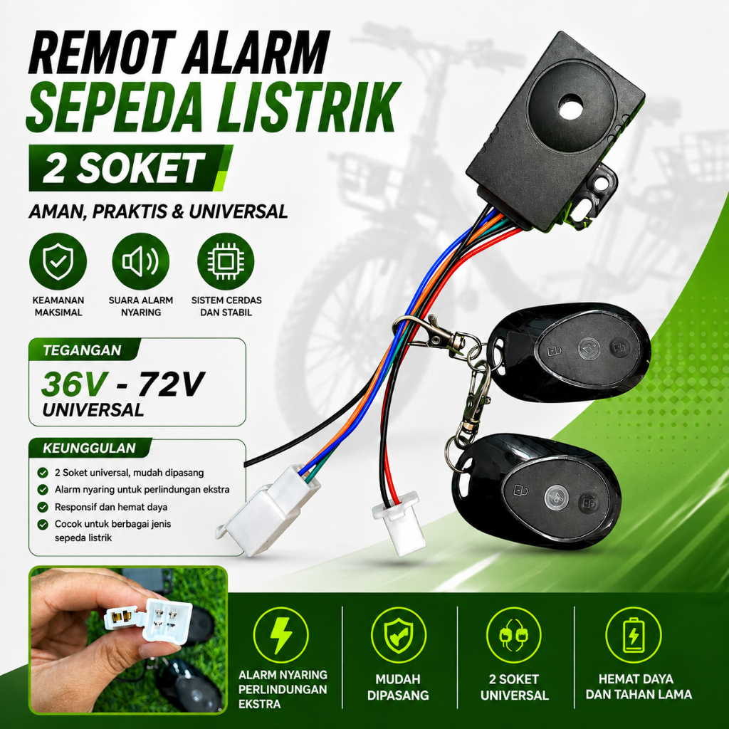 Remot Alarm Sepeda Listrik Universal 36V-72V 2 Soket | Remote Alarm Sepeda Listrik