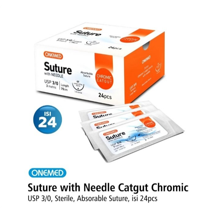 Onemed Suture With Needle Catgut Chromic USP 3/0 / Benang Jahit Chromic Dengan Jarum
