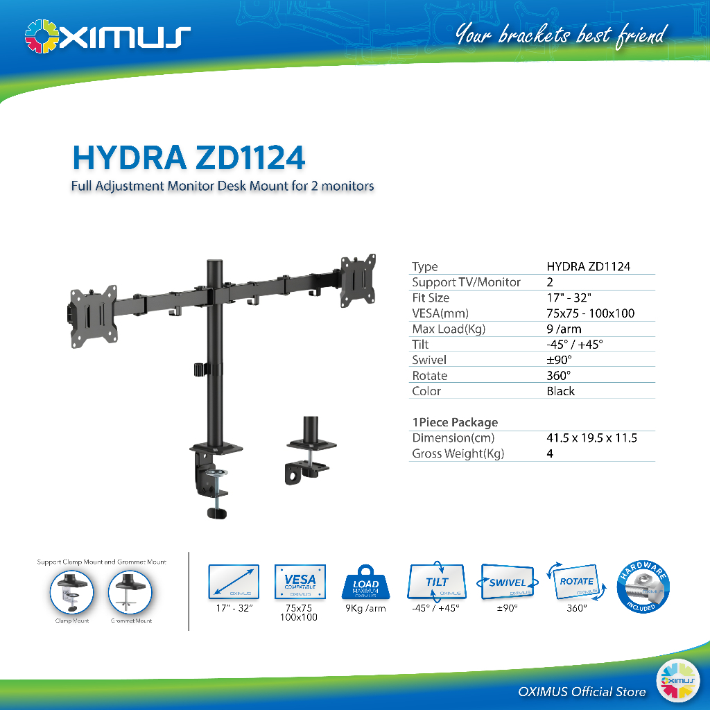 BRACKET TV LCD MONITOR 13"-27" OXIMUS HYDRA ZD1124 TILT SWIVEL ROTATE