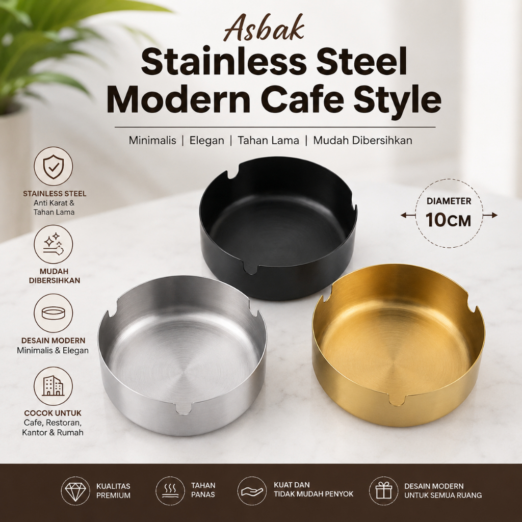 Asbak Bulat Besar 10 cm Stainless Steel Tebal Modern Cafe Style