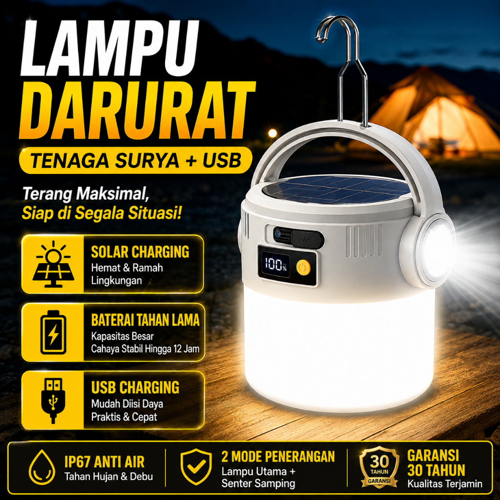 Lampu Darurat LED Tenaga Surya Portable Lampu Camping Outdoor untuk Rumah Saat Mati Listrik + USB