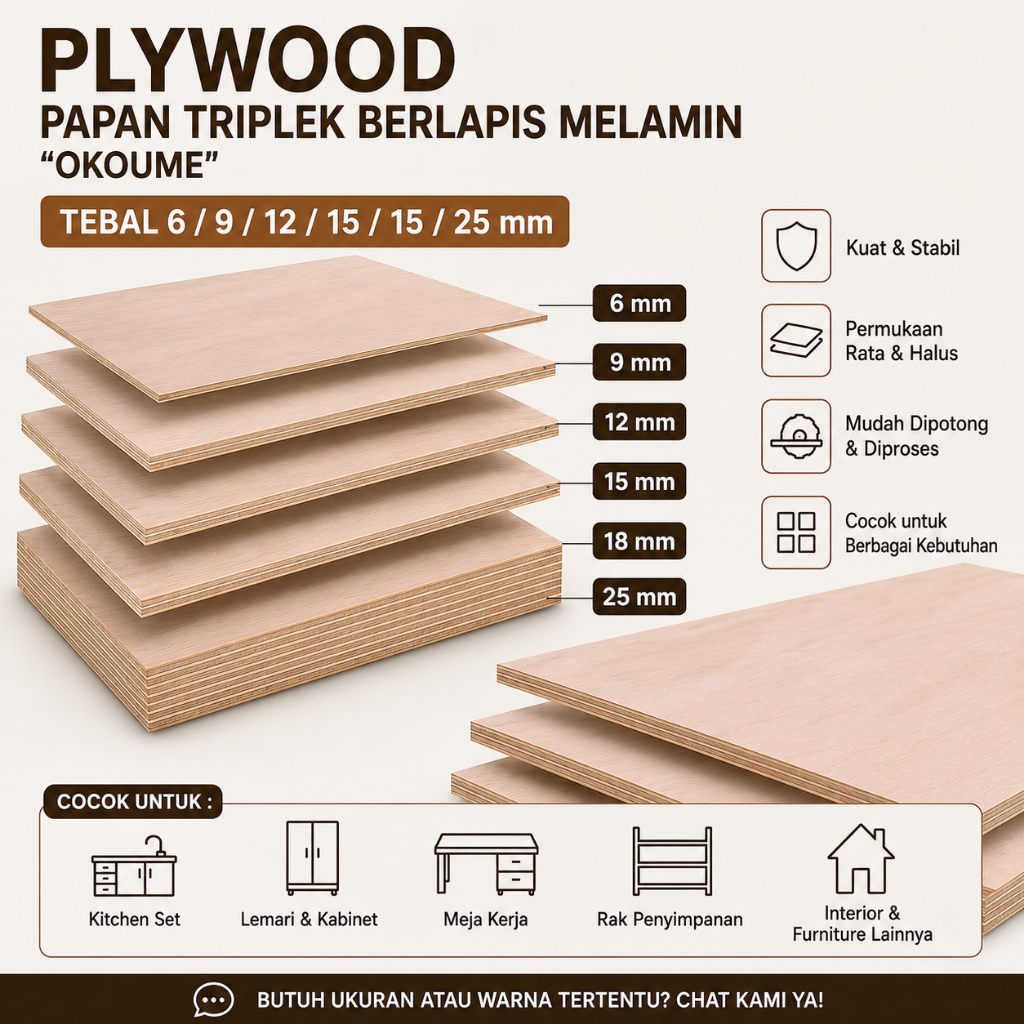 Triplek Multiplek Plywood lapis "OKOUME" melamin 1 lembar- papan kayu furniture Interior DIY KETEBAL