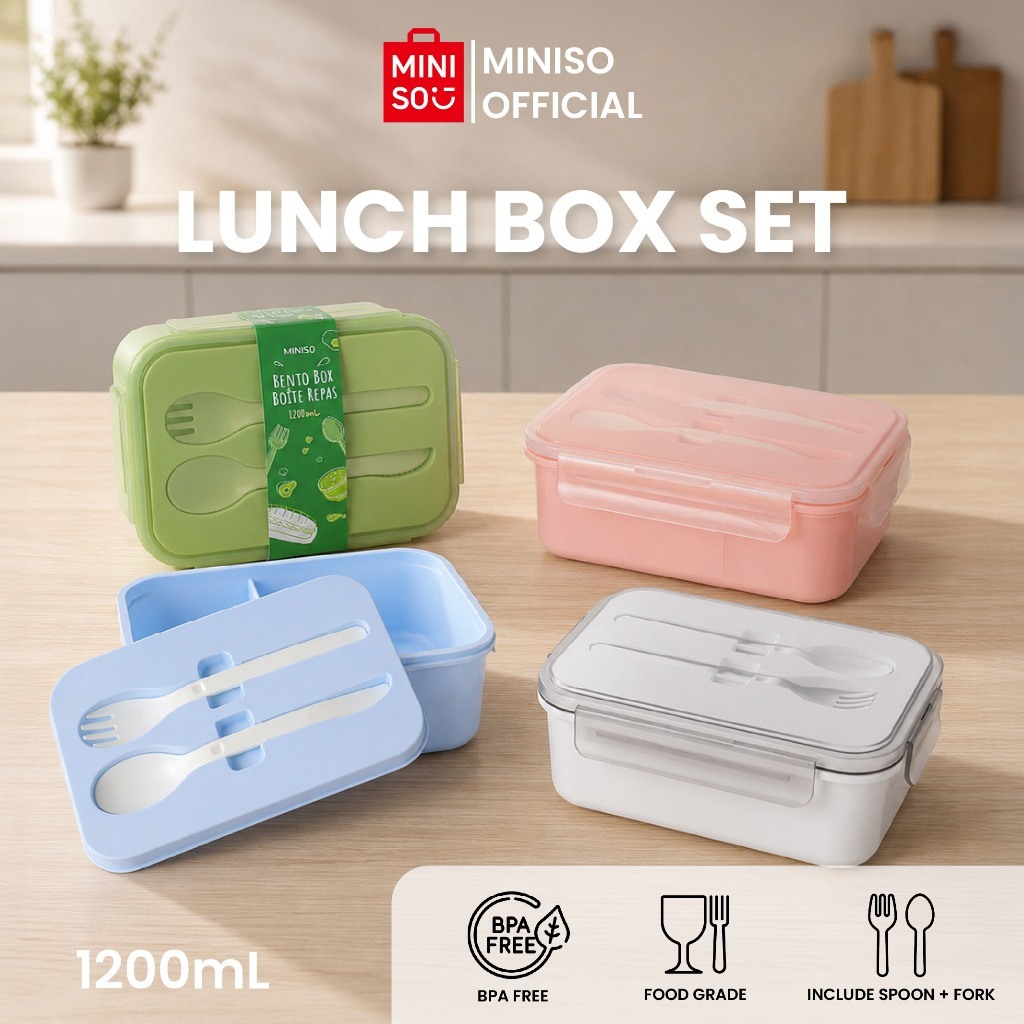 Miniso Lunch Box Set Kotak Makan 1200ml Kotak Bekal  Anti tumpah Free Sendok dan Garpu