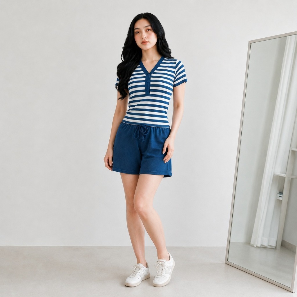 NAGITA SET Wanita Setelan Celana Pendek Stripe Knit Stretch Casual