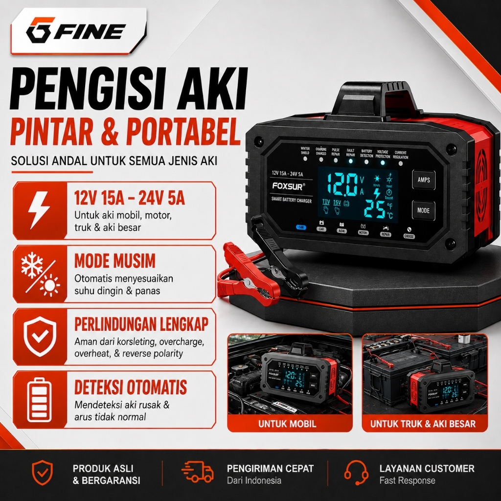 Smart Battery Charger FOXsur Portable Cas Aki Kendaraan Mode Musim Panas Dingin Pulse Recovery Peraw