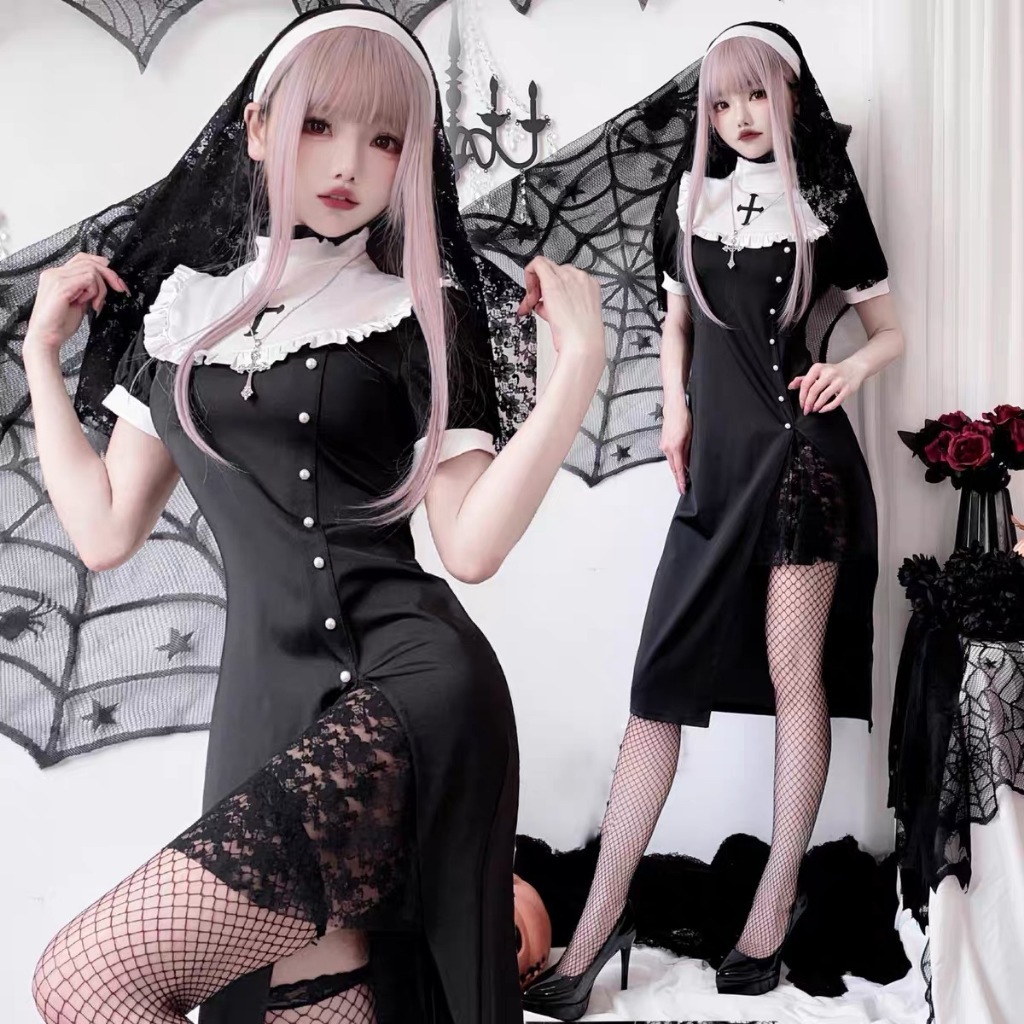 Woman Black Gothic Sexy Nun Costumes Cosplay Vampire Nun Dress For Adult Halloween Game Party Stage 