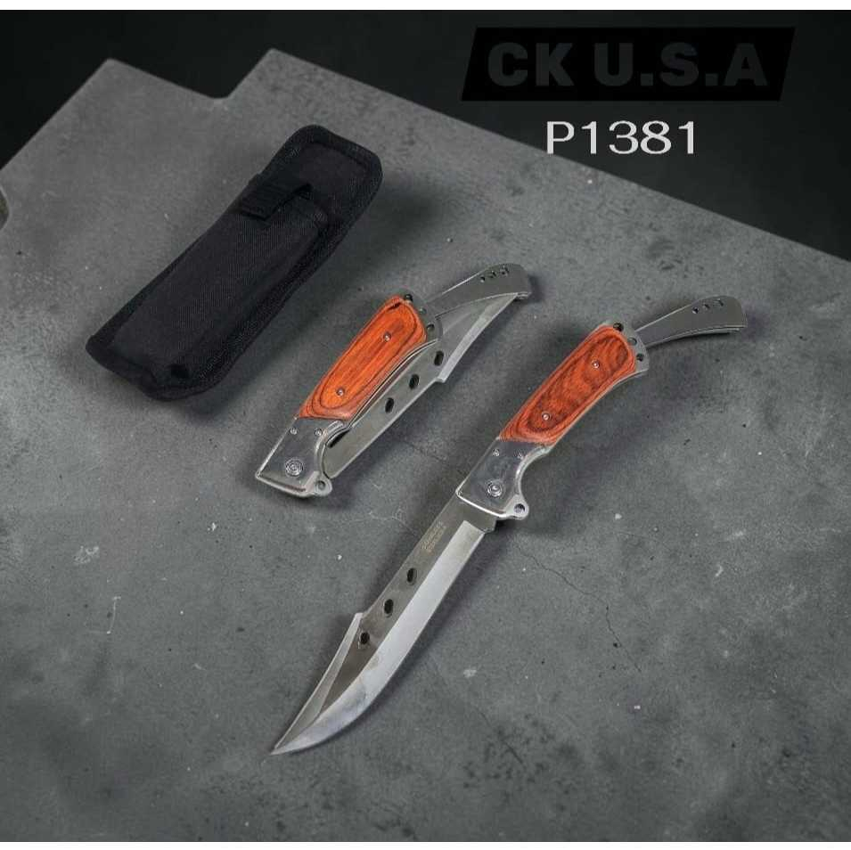 Pisau Lipat Tactical Outdoor Gagang Kayu Stainless Steel Multifungsi EDC Camping Survival Hiking Mem