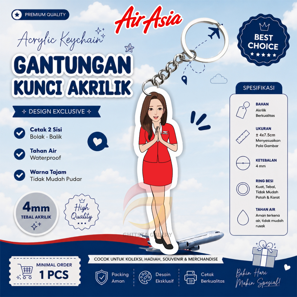 Gantungan Kunci Karakter Pramugari Air Asia - Gantungan Kunci Akrilik - Gantungan Kunci Costum Nama 