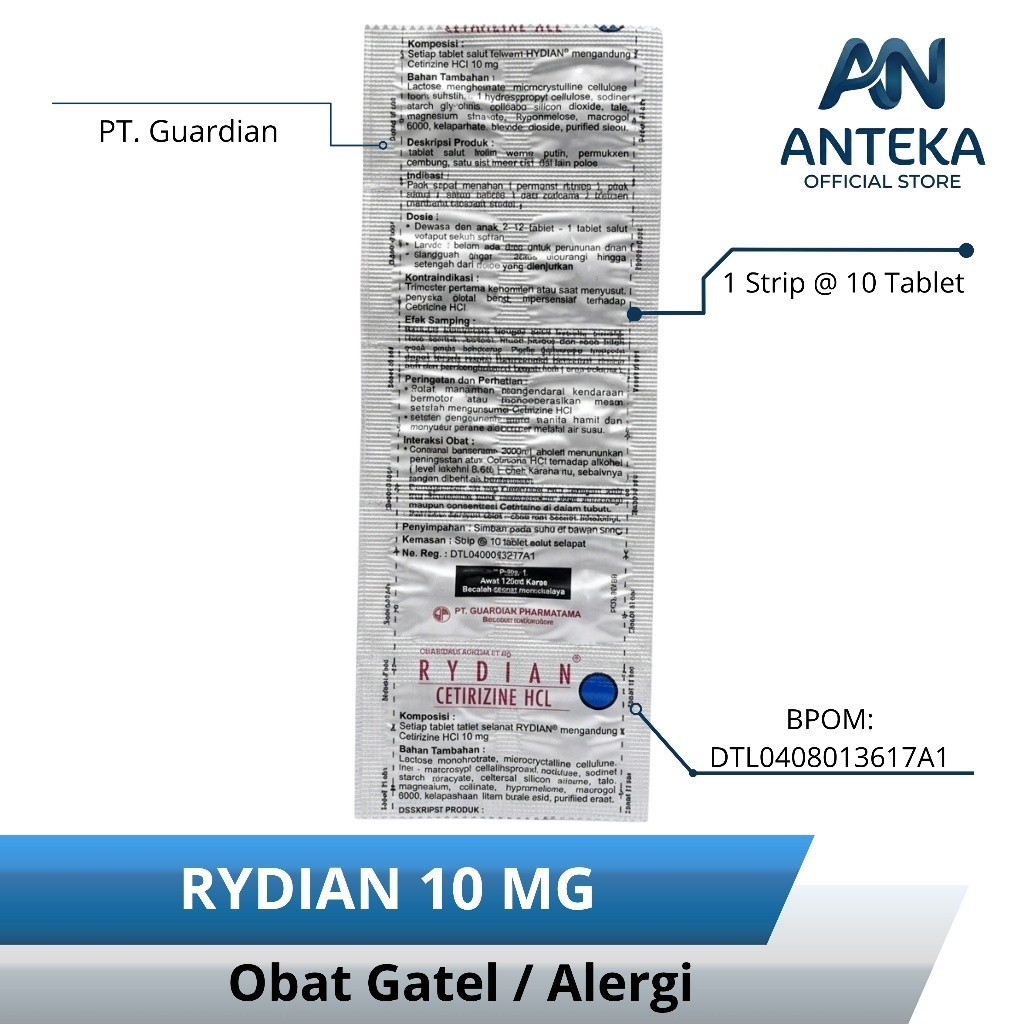Rydian 10 mg 10 Tablet Per Strip - Obat Gatel - Obat Alergi