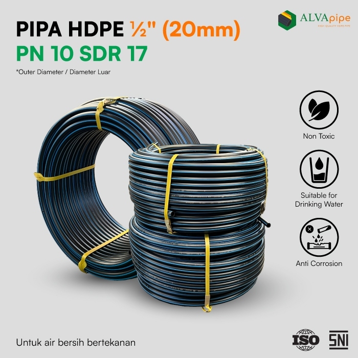 ALVApipe Pipa Air HDPE 1/2 Inch (20 mm) PN 10 Pipa Air Bersih Standar SNI Kualitas Tinggi - Per Roll