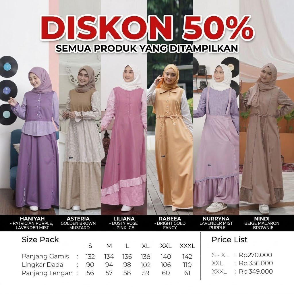 GAMIS MUTIF UPMORE DISKON 50% / GAMIS UPMORE NINDI BEIGE MACARON / NURRYNA / RABEEA / HANIAH / LILIA
