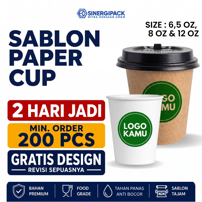 Sablon Hot Paper Cup Custom Logo 6.5/8/12 oz | Cup Kopi Kraft/Putih | Min. 200 pcs