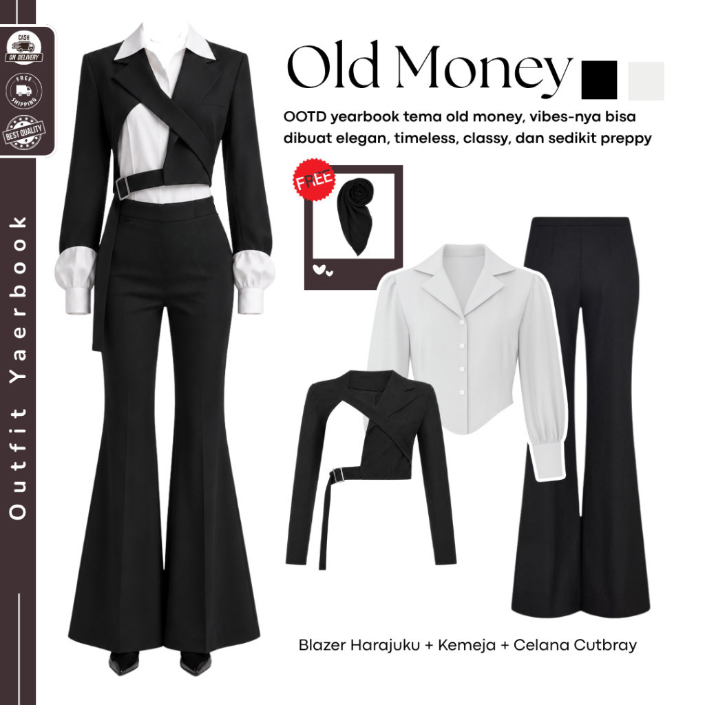 Old Money Outfit Yearbook Kekinian ( Kemeja Crop + Blazer Harajuku + Celana Cutbray ) Outfit Casual 