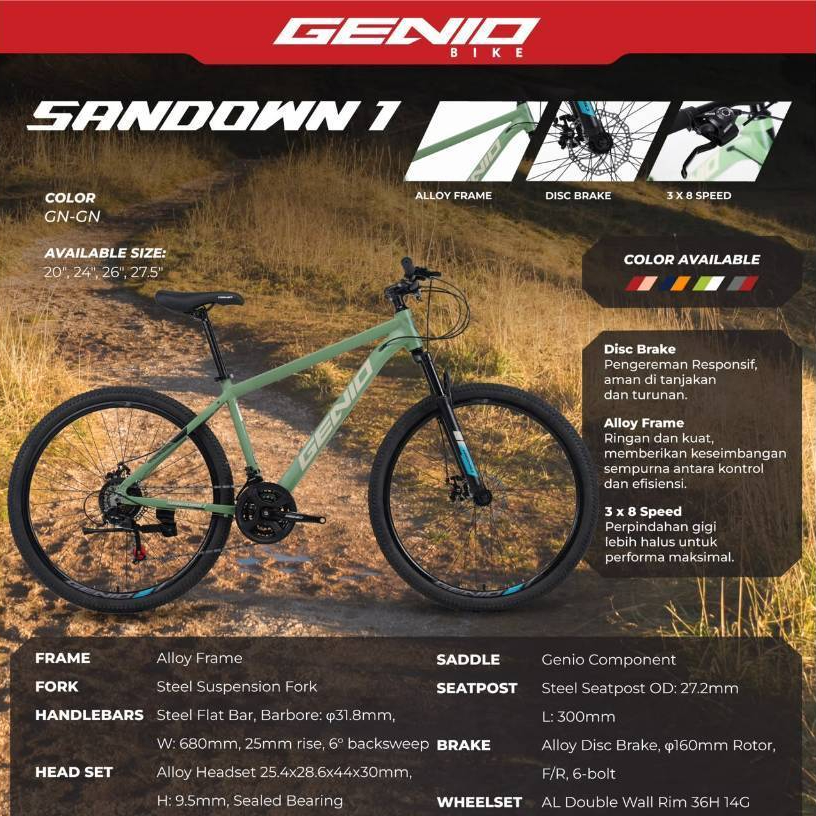 Sepeda Gunung Mtb 20 Inch Genio Sandown 1 Alloy 24 Speed Sepeda Mtb 20 Inch Genio Sandown 1