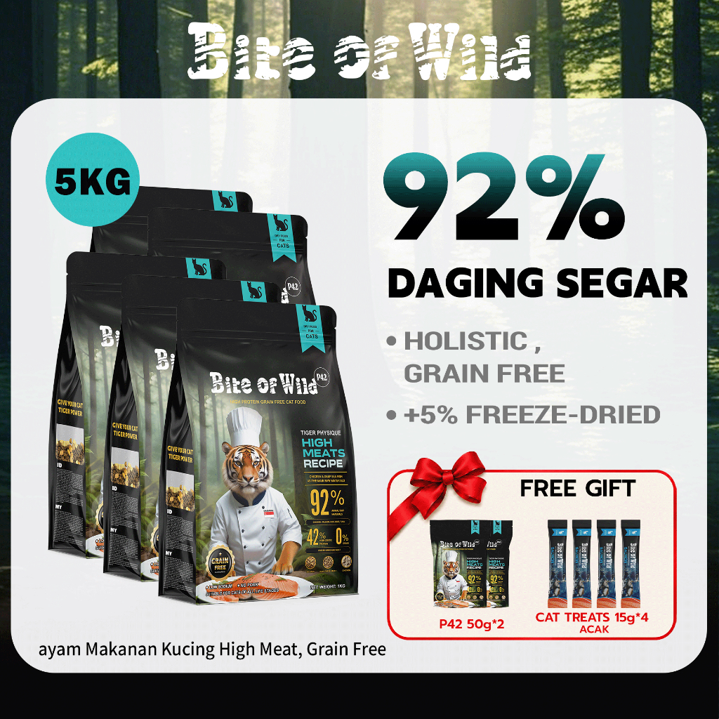Bite of Wild - Makanan Kucing Kering Catfood Grain free Kombo 5kg P42 dengan toping Salmon/Ayam/Dagi