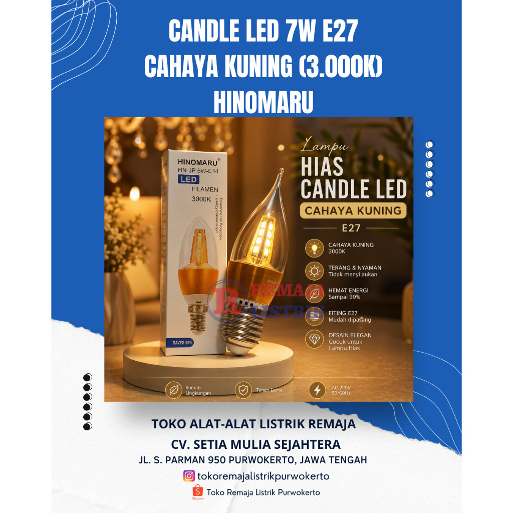 Candle LED 7W Cahaya Kuning 3.000K E27 Hinomaru