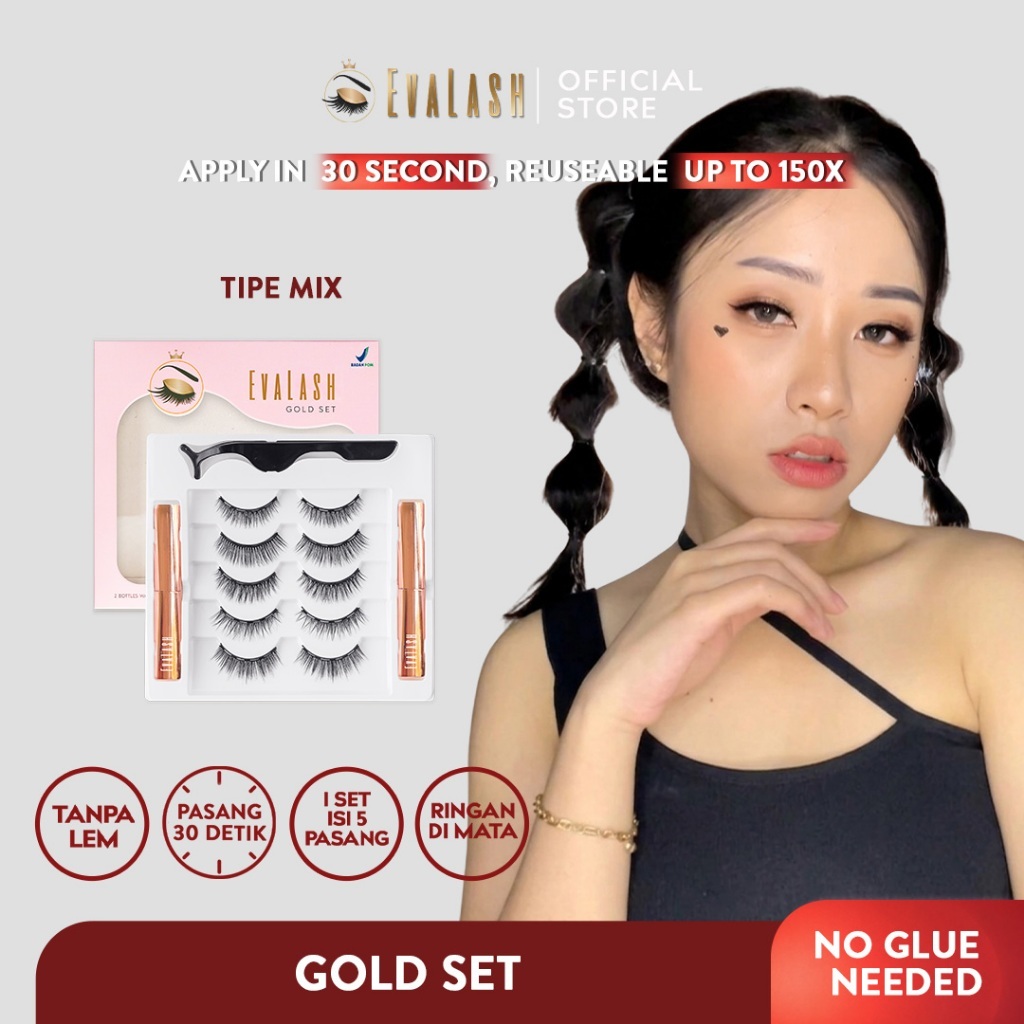 Evalash - Bulu Mata Magnet - Gold Set Mix - Magnetic Eyelash - Bulumata Magnetic - Bulu Mata TANPA L