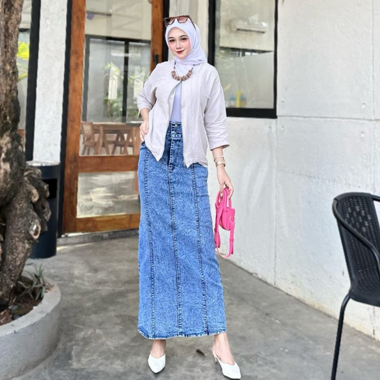 Rok Jeans Span Panjang wanita Rok Denim Melar Premium