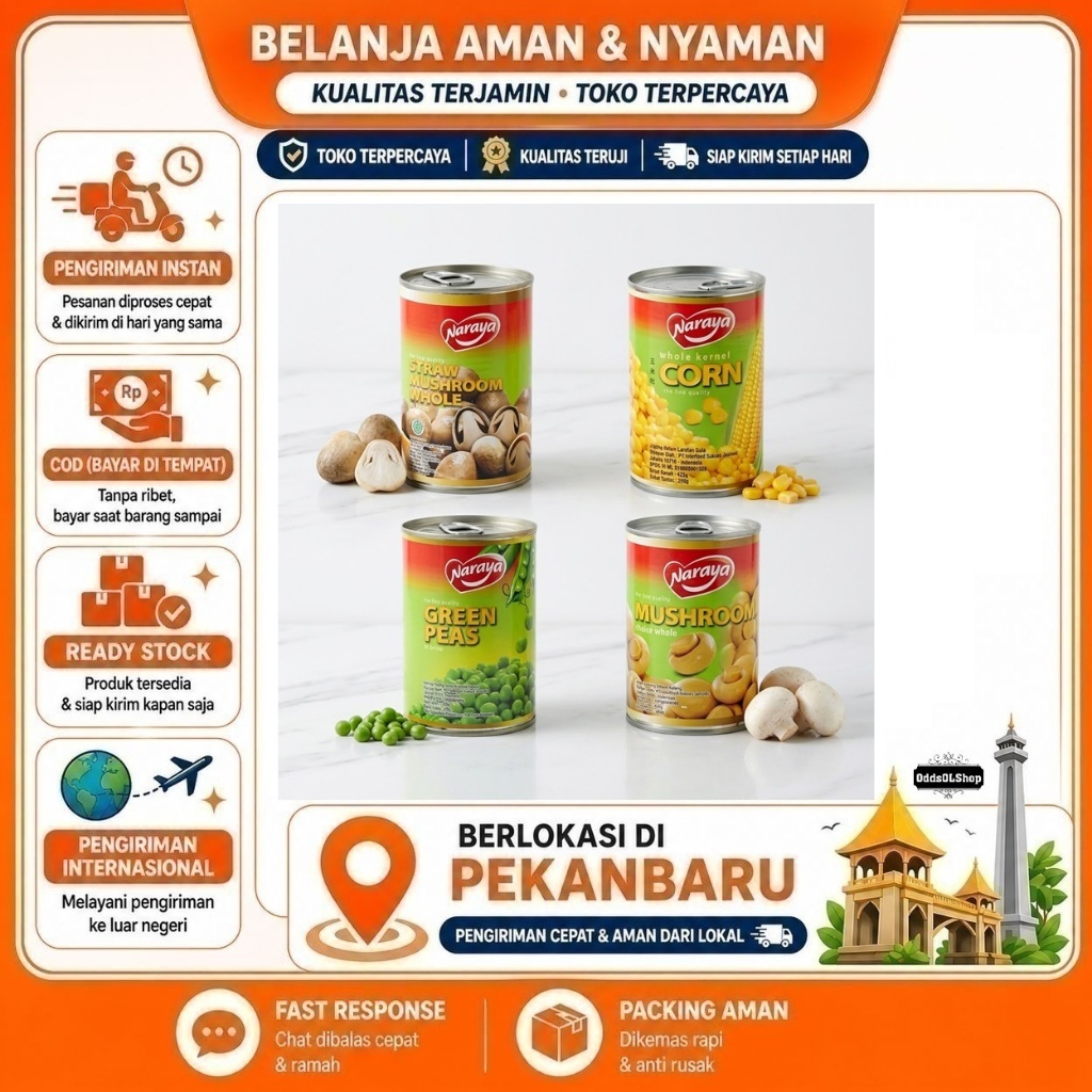 Naraya Straw Mushroom Whole Choice, Jamur Utuh, Green Peas, Kacang Polong Hijau Kernel Jagung Kaleng