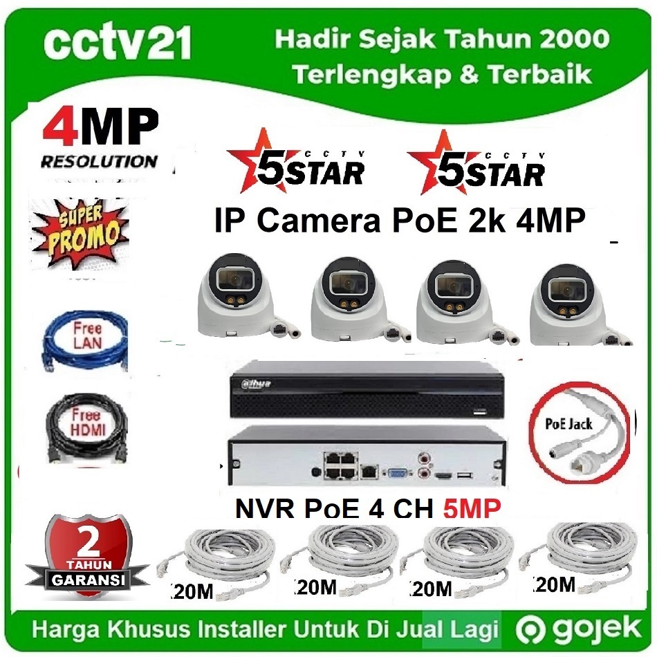 Paket Lengkap 4 Camera IP PoE 5-STAR + NVR PoE 4Ch+Kabel 80M Harga Lagi Promo cctv21