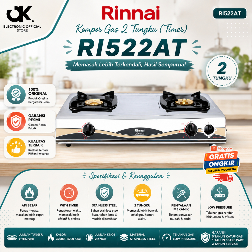 RINNAI KOMPOR GAS RI522AT 2 TUNGKU/RI522AT/RI-522-AT/RI-522AT/RI 522AT/RI 522 AT/ORIGINAL BERGARANSI