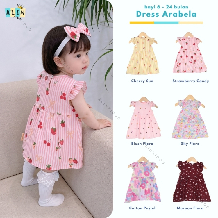 ALIN | [FREE BANDANA] Dress Arabella uk. Bayi - 2 Tahun / Dres Katun Jepang Anak Baby Perempuan New 