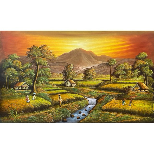 Lukisan pemandangan Sawah dan View Gunung Agung Bali, Lukisan Canvas, Landscape, Lukisan Panen Palet