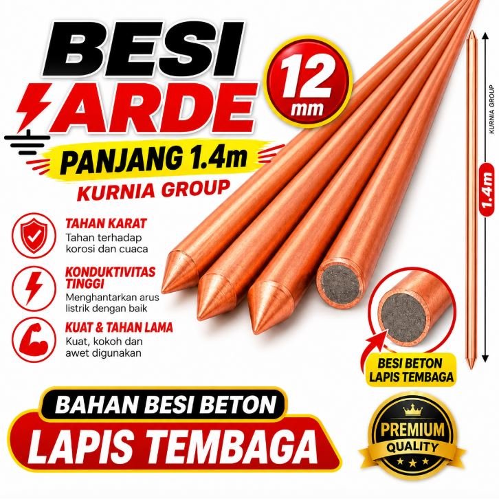 BESI ARDE 12mm BATANG BESI 1.4 meter GROUND ROOD UNTUK GROUNDING LISTRIK TANAM TANAH LAPIS TEMBAGA