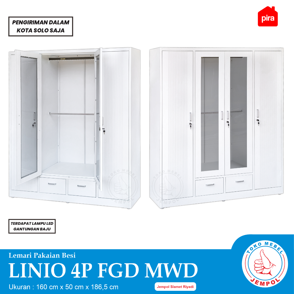 PIRA - LINIO 4P FGD MWD Lemari Pakaian Besi 4 Pintu dengan Laci dan LED