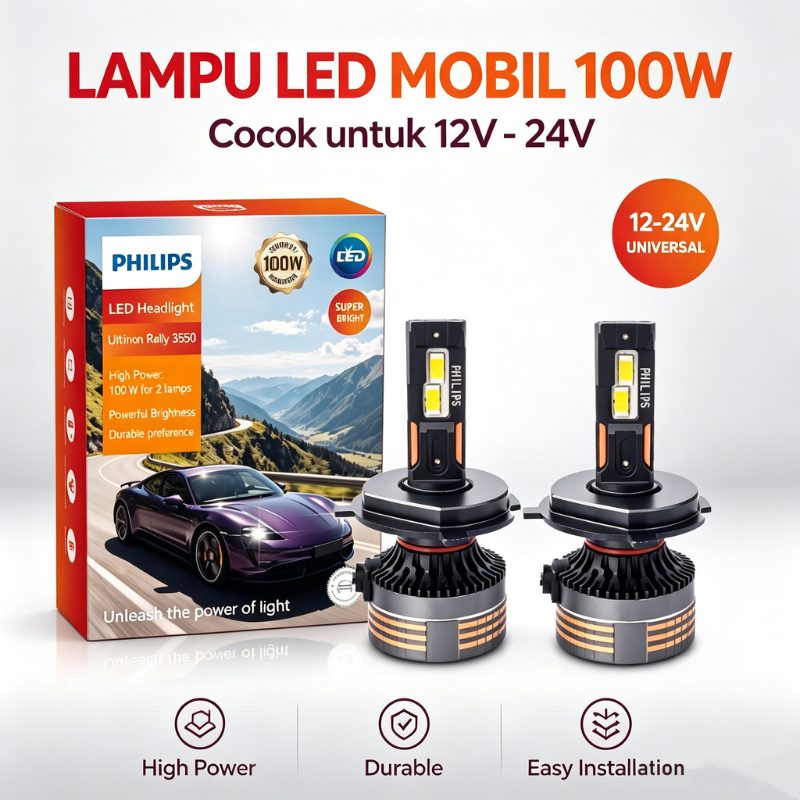 PHILIPS Lampu LED V9 12V 24V 6500K 100W H4 H11 H7 H1 9005/9006 Original