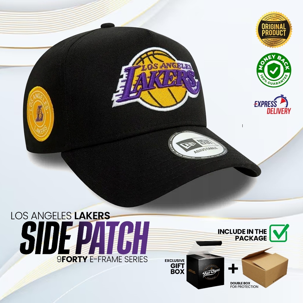 Topi New Era Original NBA Los Angeles Lakers Side Patch E-FRAME warna Hitam Kuning | FREE GIFT BOX