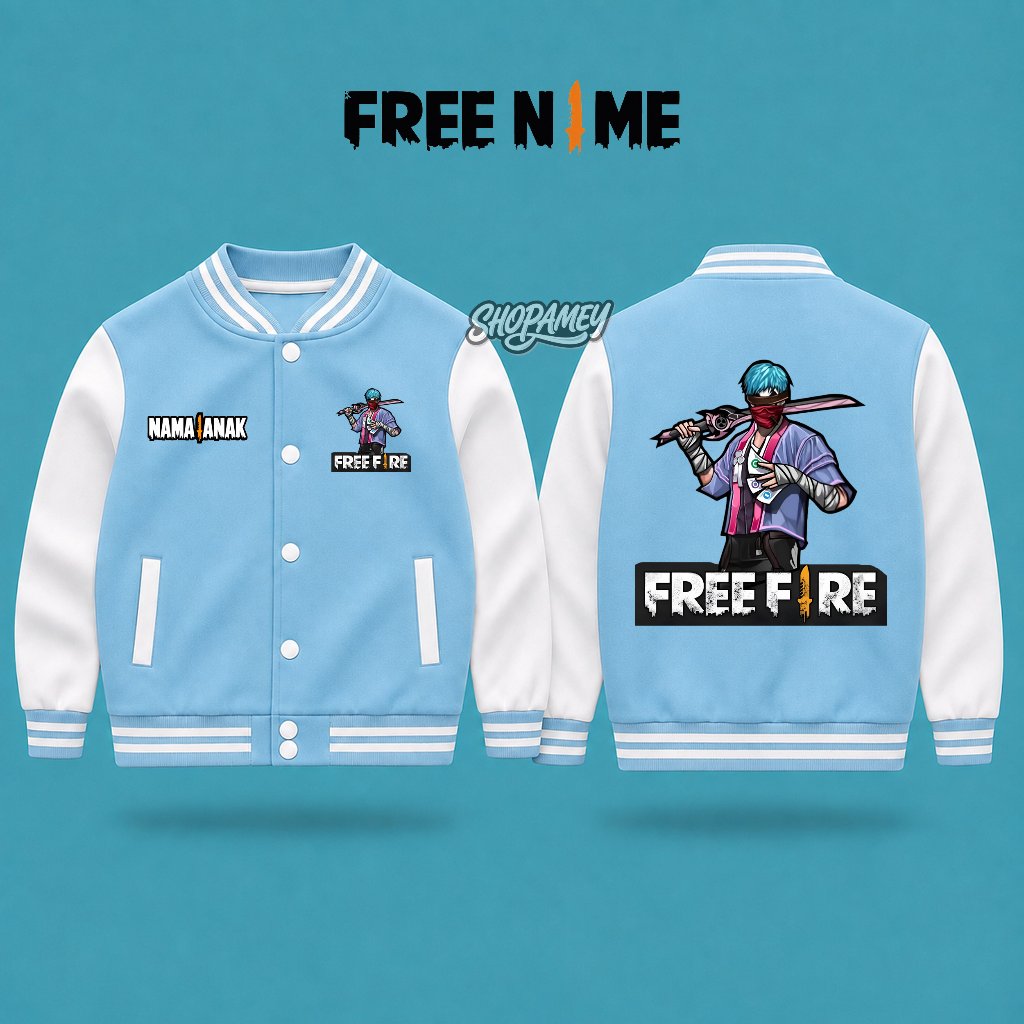 Jaket Varsity Anak Free Fire FF Pro Player Premium Baseball Anak laki-laki perempuan Usia 3-13 Tahun