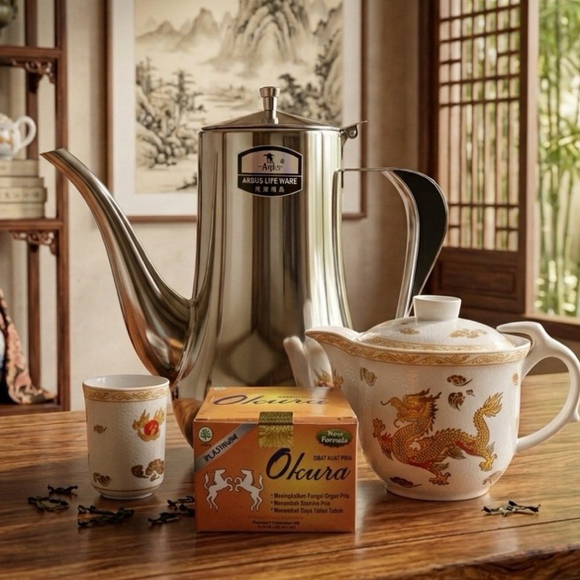 Set peralatan kopi stainless steel dengan teko uduk dan cawan motif OKURA