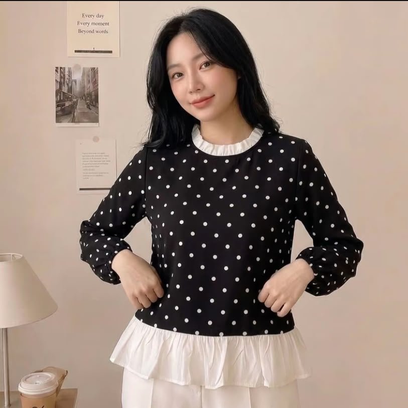 Julia Blouse Wanita Motif Polkadot | Atasan Rayon Premium Ruffle Korean Style Vintage Elegan Casual