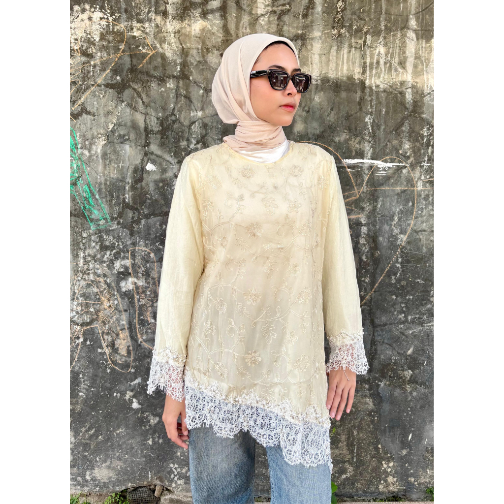 Alona Louse Atasan Wanita Brokat Lengan Panjang Desain Butik | Blouse Brokat Tile | Atasan Wanita Ca