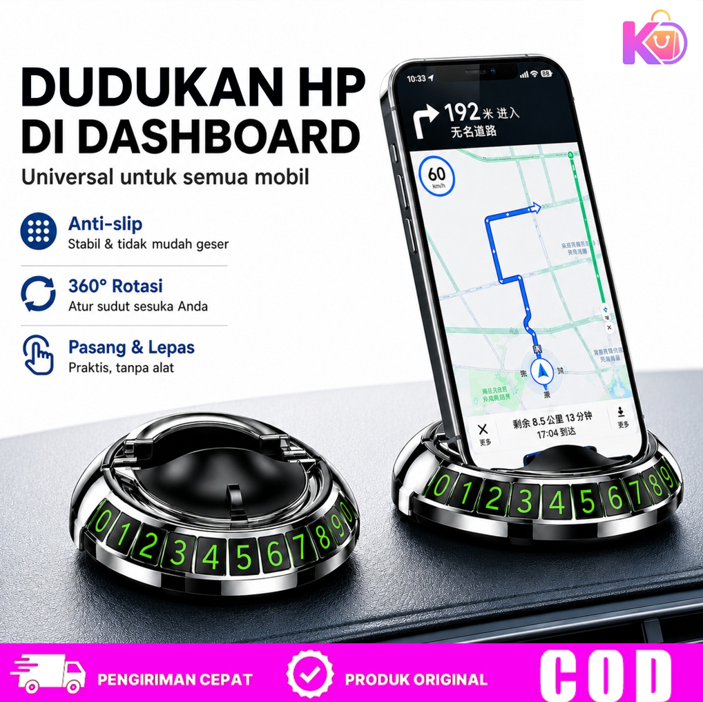 Holder HP Dasbor Mobil Anti Slip Dilengkapi Penjepit Kabel Charger, Bonus 6 Set Plat Nomor Parkir, P