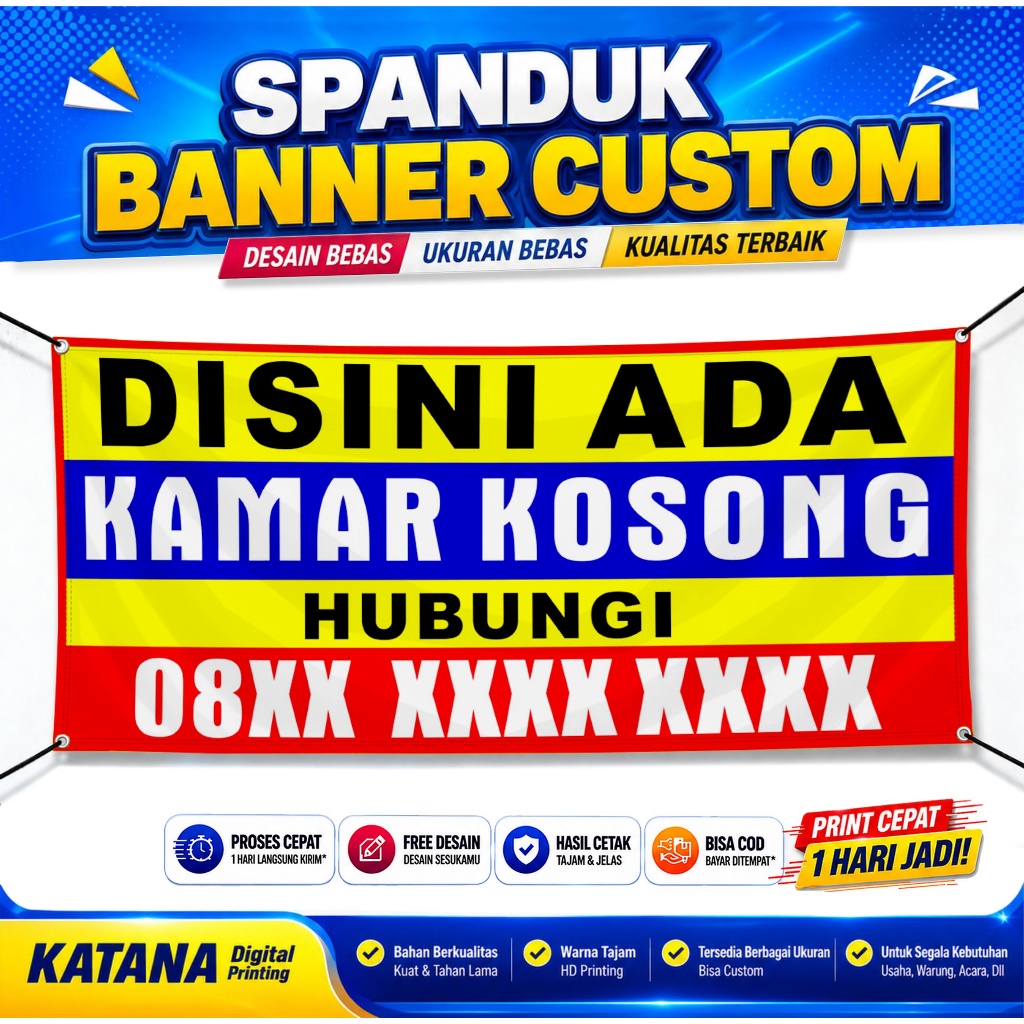 Spanduk Kost Ada Kamar Kosong Dikontrakan Custom Free Desain / Banner Rumah Dijual, Dikontrakan